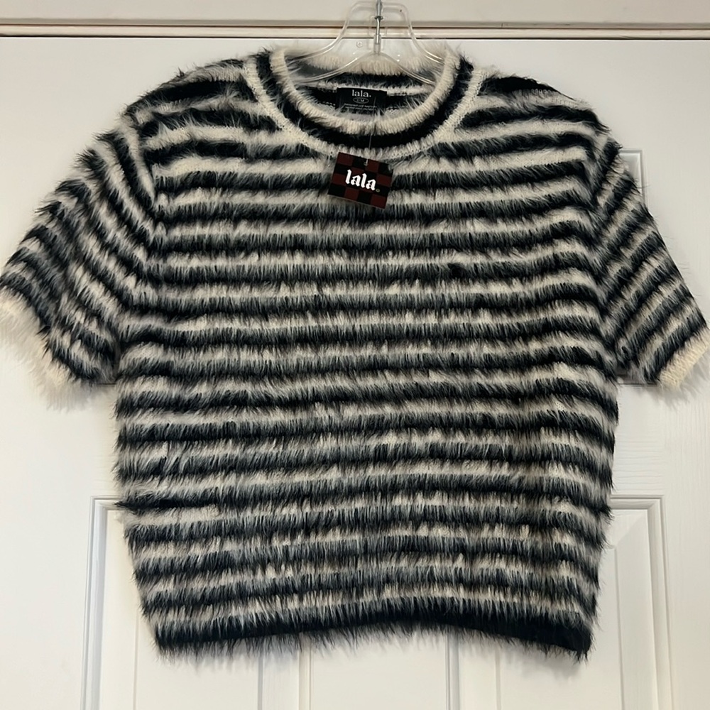 Dressed in LALA “Be Proud of Yourself Fuzzy Knit Top” in Black + White Boxy S/M - Picture 9 of 16